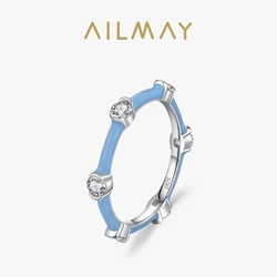 Ailmay Top Quality Real 925 Sterling Silver Romantic Blue Enamel Geometric Cubic Zirconia Ring For Women Party Fine Jewelry Gift