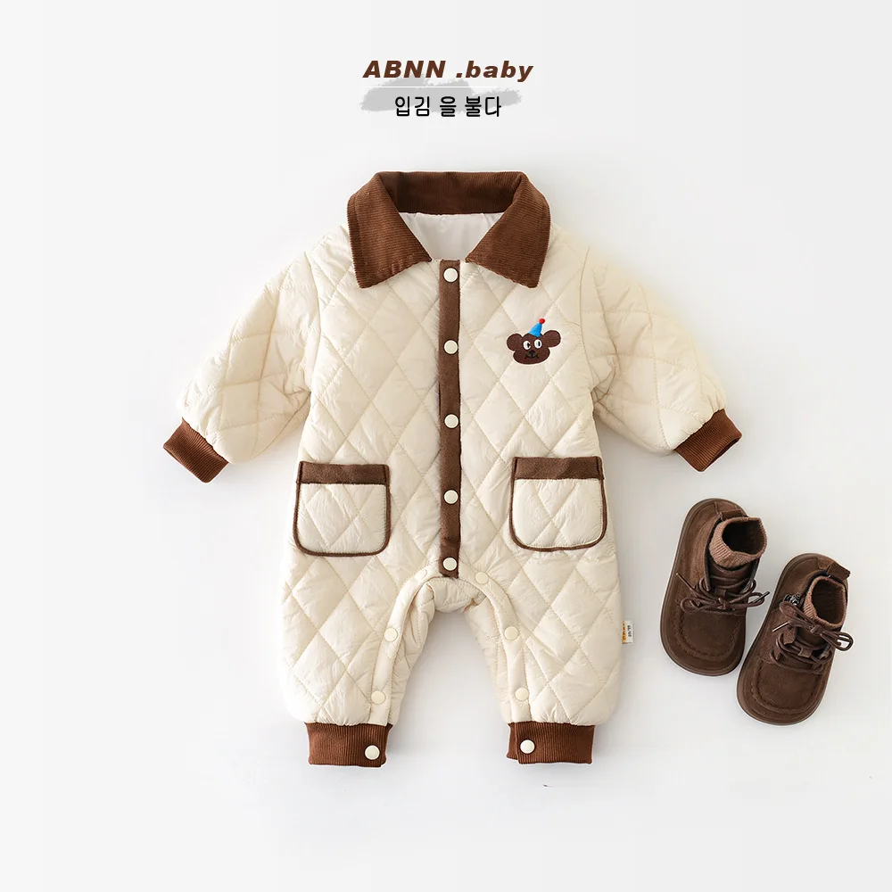 

Autumn Winter Infant Boys Bodysuit Cotton Quilted Single Breasted Warm Baby Boys Rompers Cartoon Pocket Newborn Boy Outfits