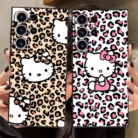Sanrio Cartoon Leopard Print Hello Kitty Case for Samsung Galaxy S21 FE S24 Plus S20 S23 Ultra S25 Edge Black Soft Phone Cover