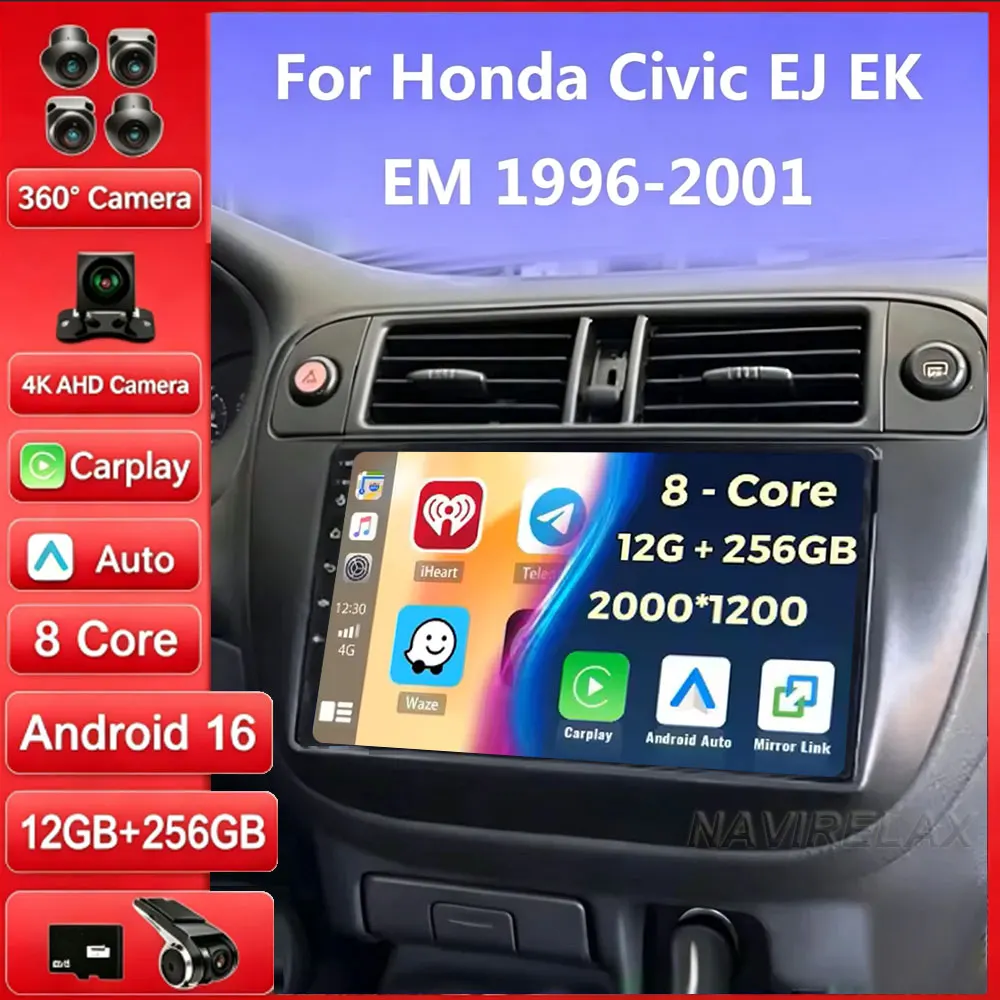 Car Radio Carplay For Honda Civic EJ EK EM 1995-2001 Navigation GPS Android Auto Stereo Android 16 Video 2K Stereo BT 4G No 2din