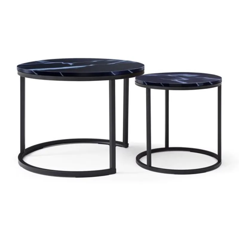 2-Piece Coffee Set Nesting Tabletop Black Frame Round Marble Pattern Wooden Table Modern Industrial Style Simple Bedside