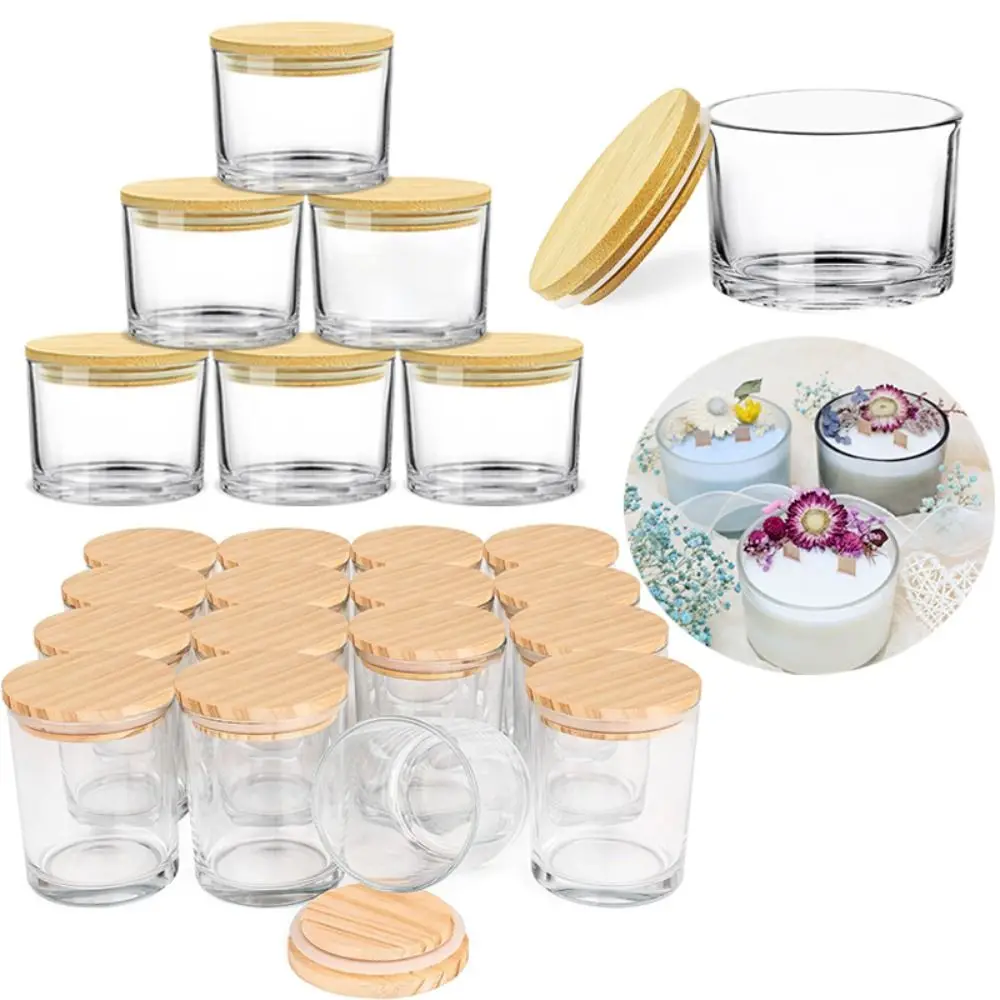 Clear Glass Candle Jars Small Transparent Glass Aromatherapy Tray with Airtight Bamboo Lids Wide Mouth Empty Candle Containers