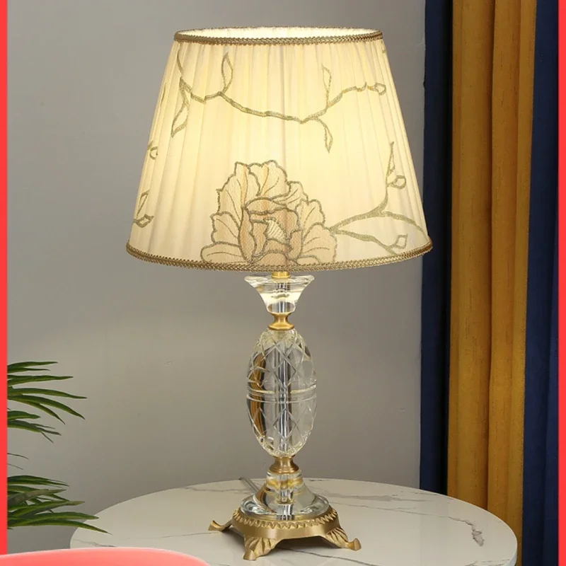 

Crystal table lamp copper embroidery bedroom bedside lamp luxury living room study creative romantic home.