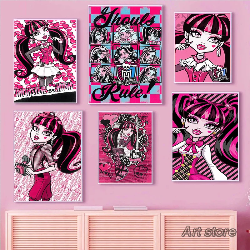 Cartoon Monster High Posters and Prints Classic Anime Pink Wall Art Canvas Painting Home Girl Room Decor Gifts Cuadros Picture