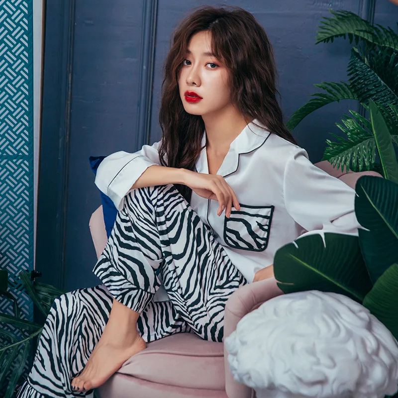 

Women Zebra Pattern Pajama Set Spring Autumn Silk Long Sleeve Sleep Top Simulated Silk Home Wear Korean Fashion Free Shipping Za