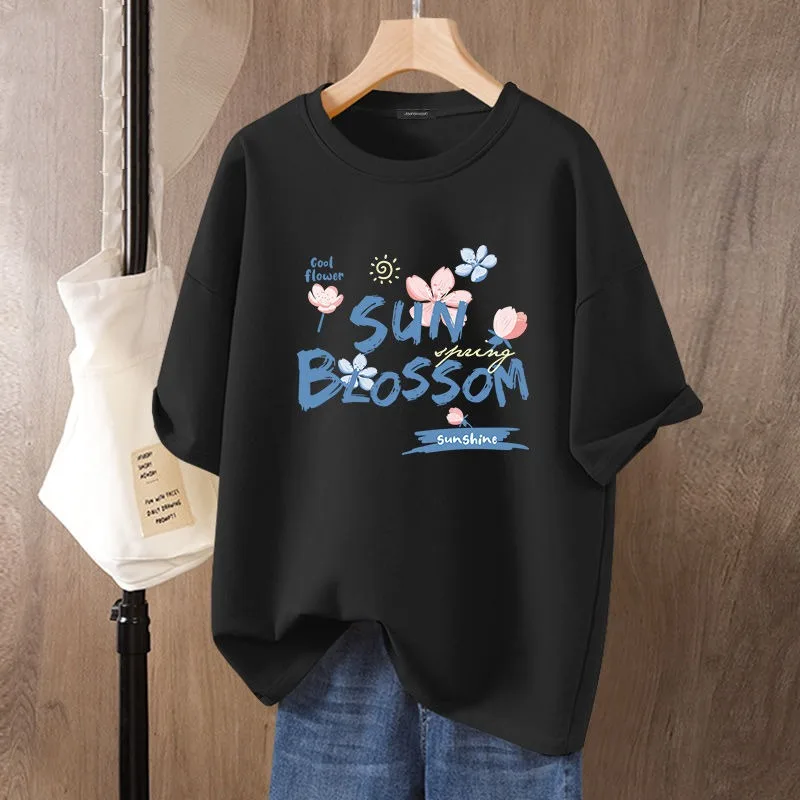 Summer Cartoon Printed Vintage T-shirt, Women Clothing 100% Cotton Fashion Basic Pullovers, Casual Loose Short Sleeve Top Tee