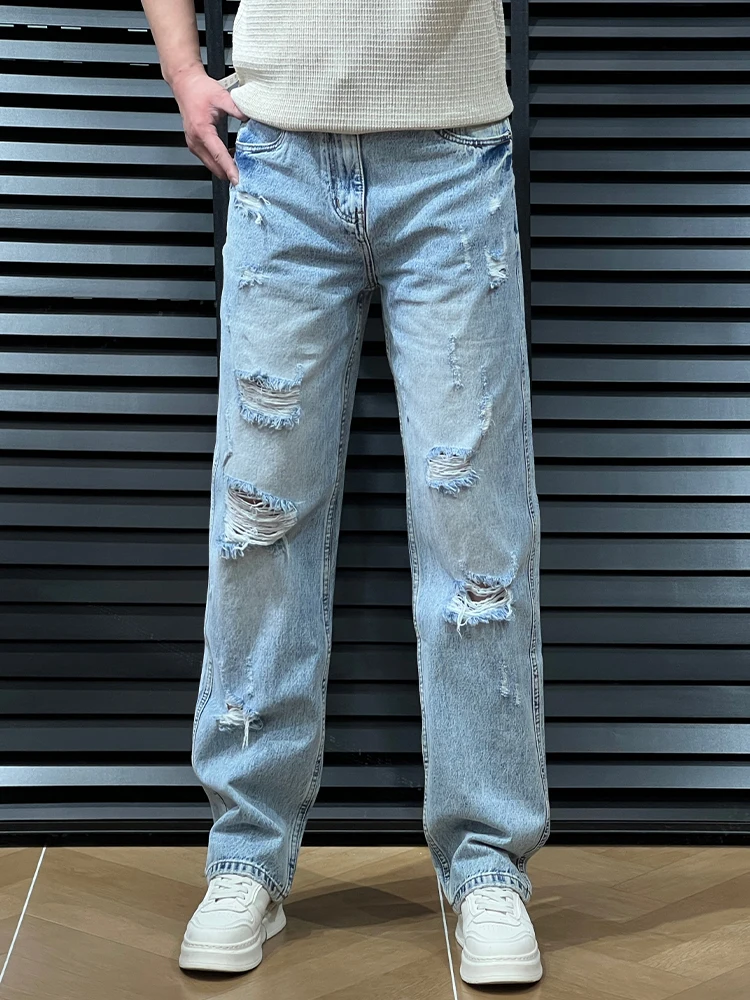 Summer Trendy Men's Loose Straight Leg Jeans Casual Versatile Cotton Polyester Blend Youthful Style Classic Blue Denim Pants