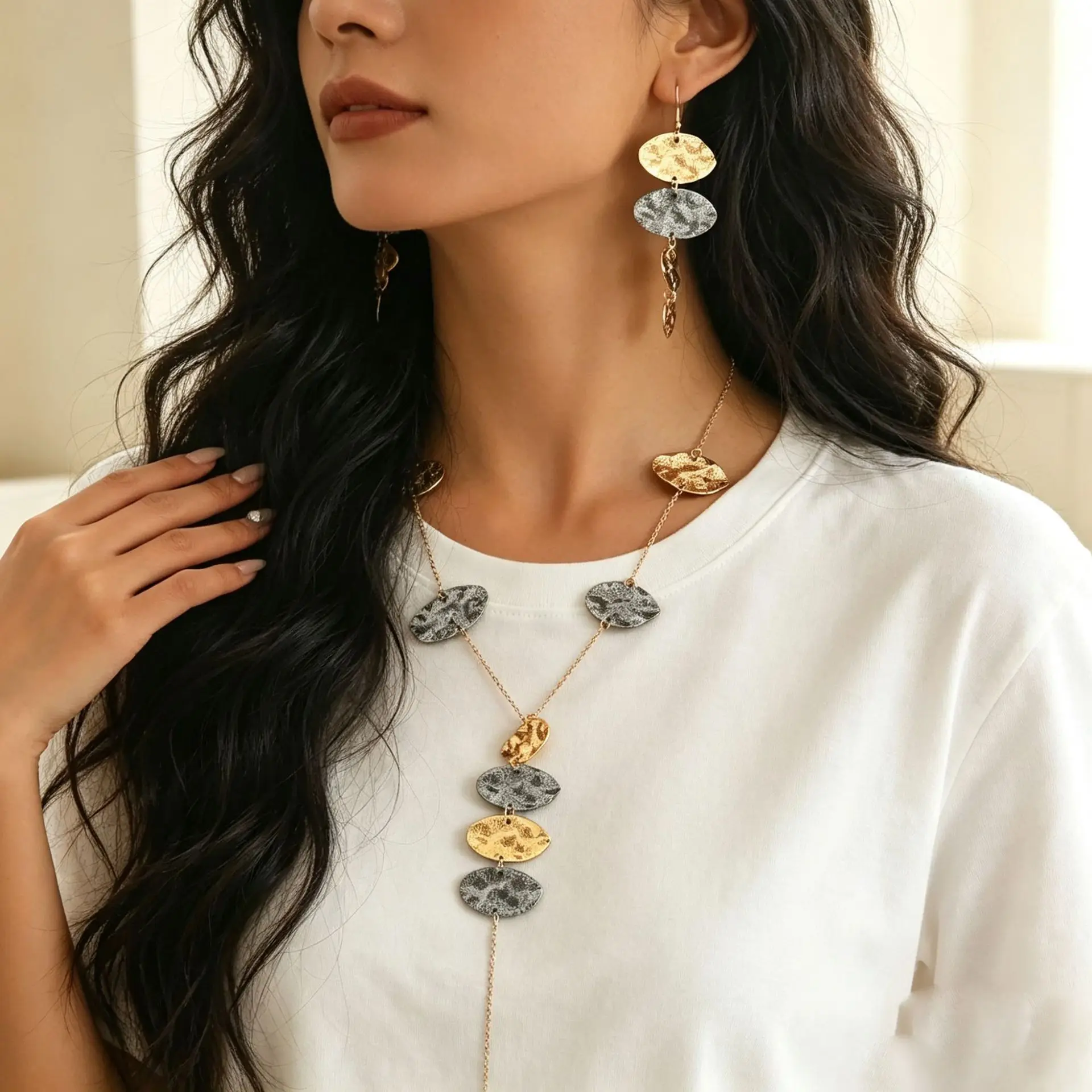 Vintage Two-tone Hammer Coin Necklace Earring Set Adjustable Metal Y Pendant Jewelry Set Elegant Women Drop Earring Accessories