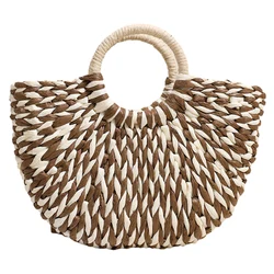 Women Straw Tote Handbag Large Capacity Semi-Circle Woven Bag Color Clash Semicircle Weaving Bag Summer Beach Handbag