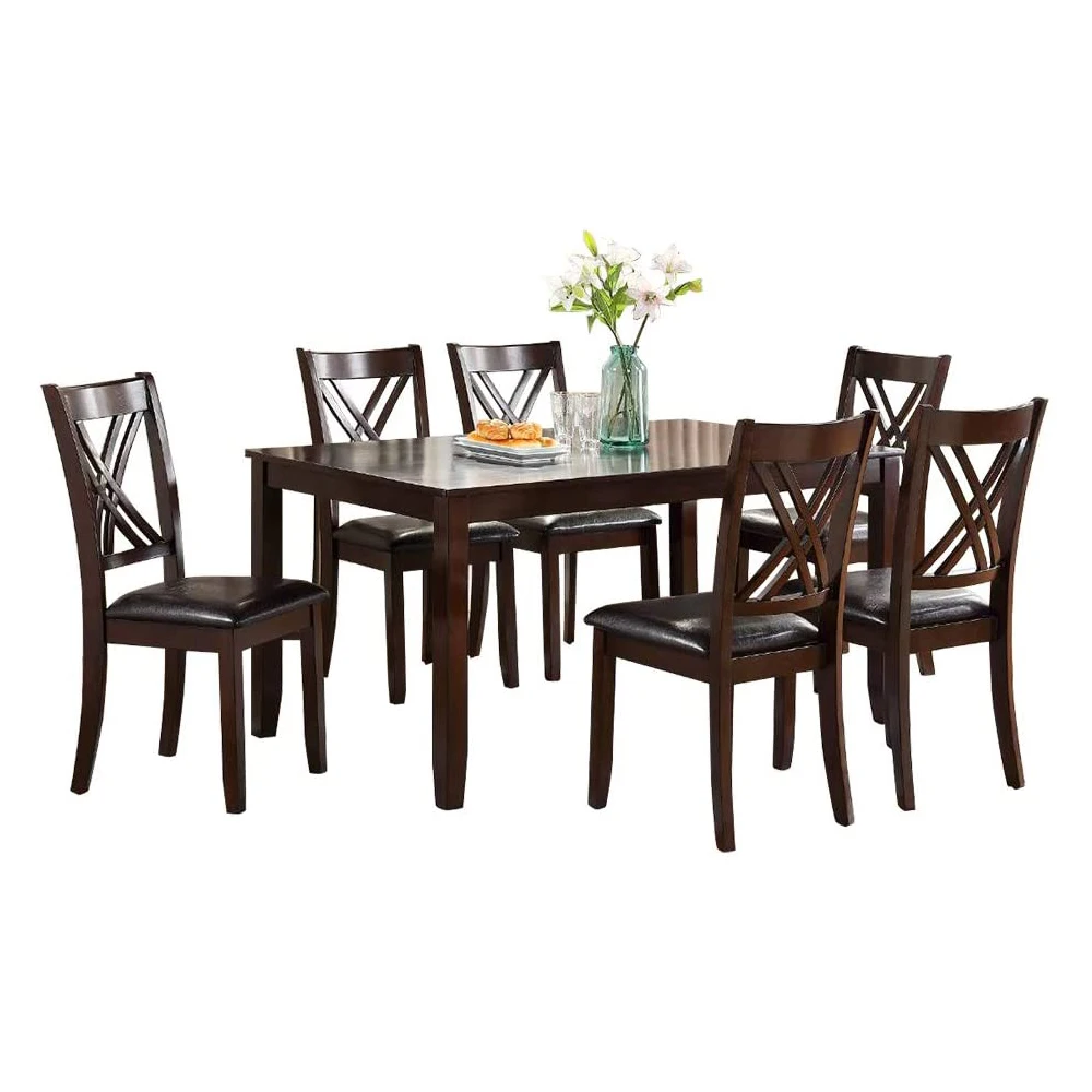 

7pcs Dining Set Dining Table 6 Side Chairs Clean Espresso Finish Cushion Seats X Design back Chairs