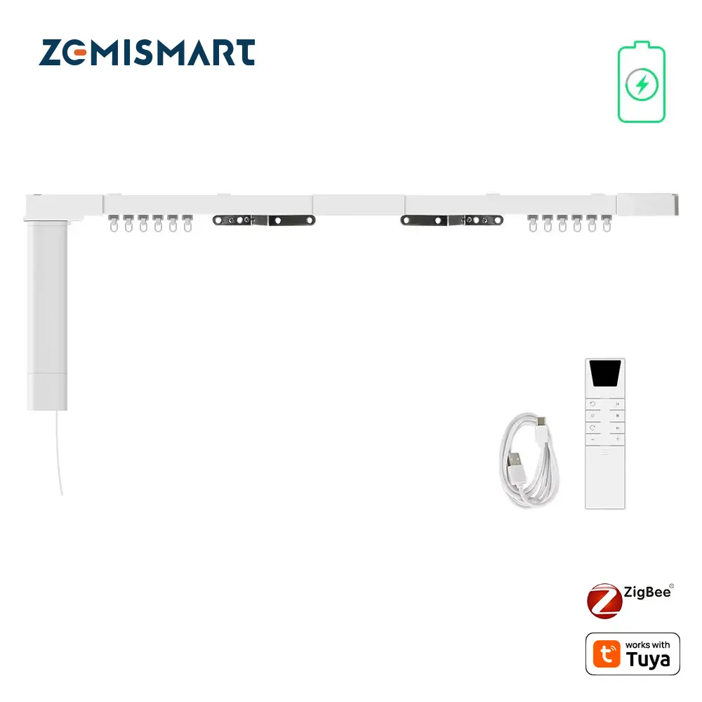 Zemismart Zigbee Electric Curtain Motor Built-in Battery with Sliding Track Work with Tuya Alexa Echo Google Home Voice Control