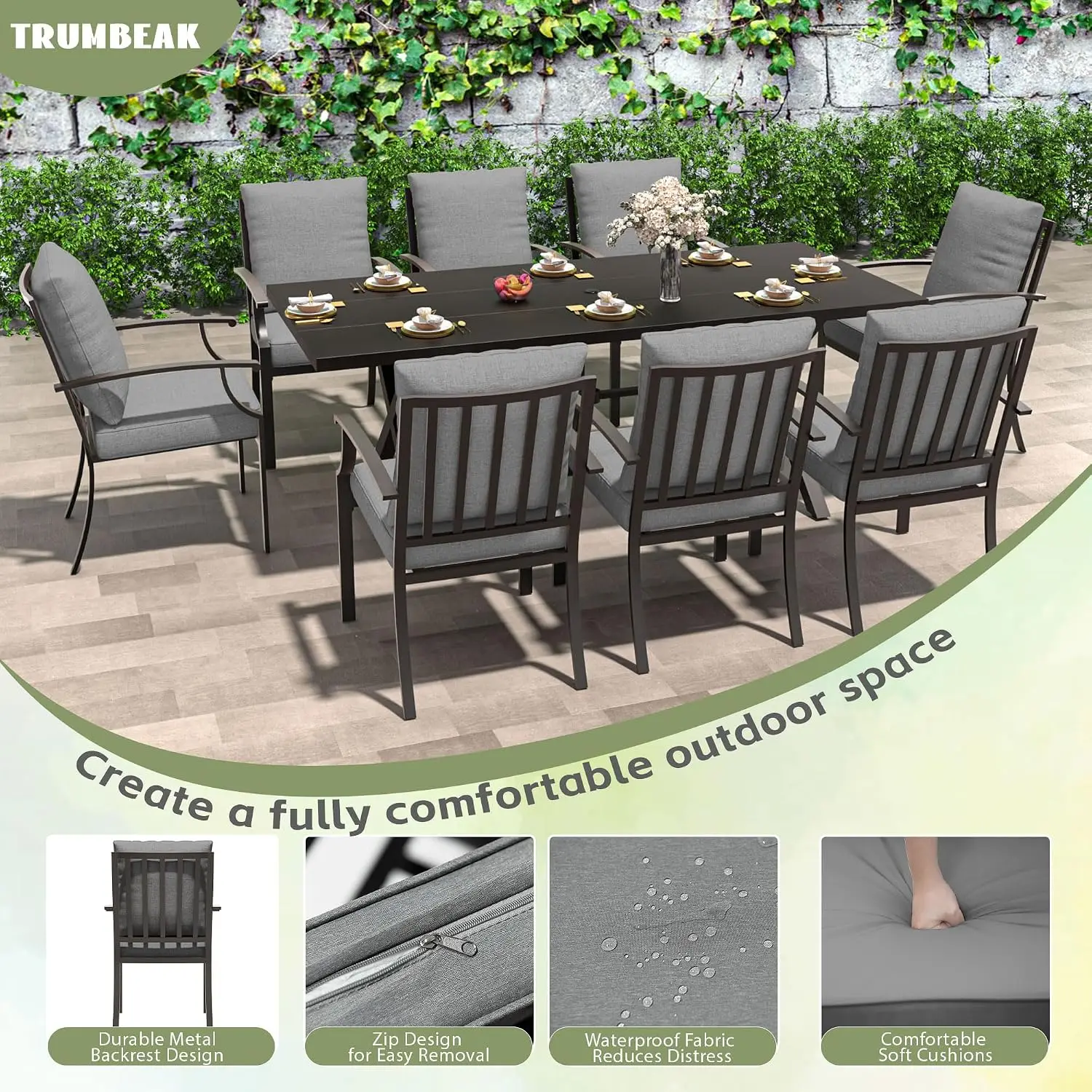 9-Piece Metal Patio Dining Set with Umbrella Hole, 78.7