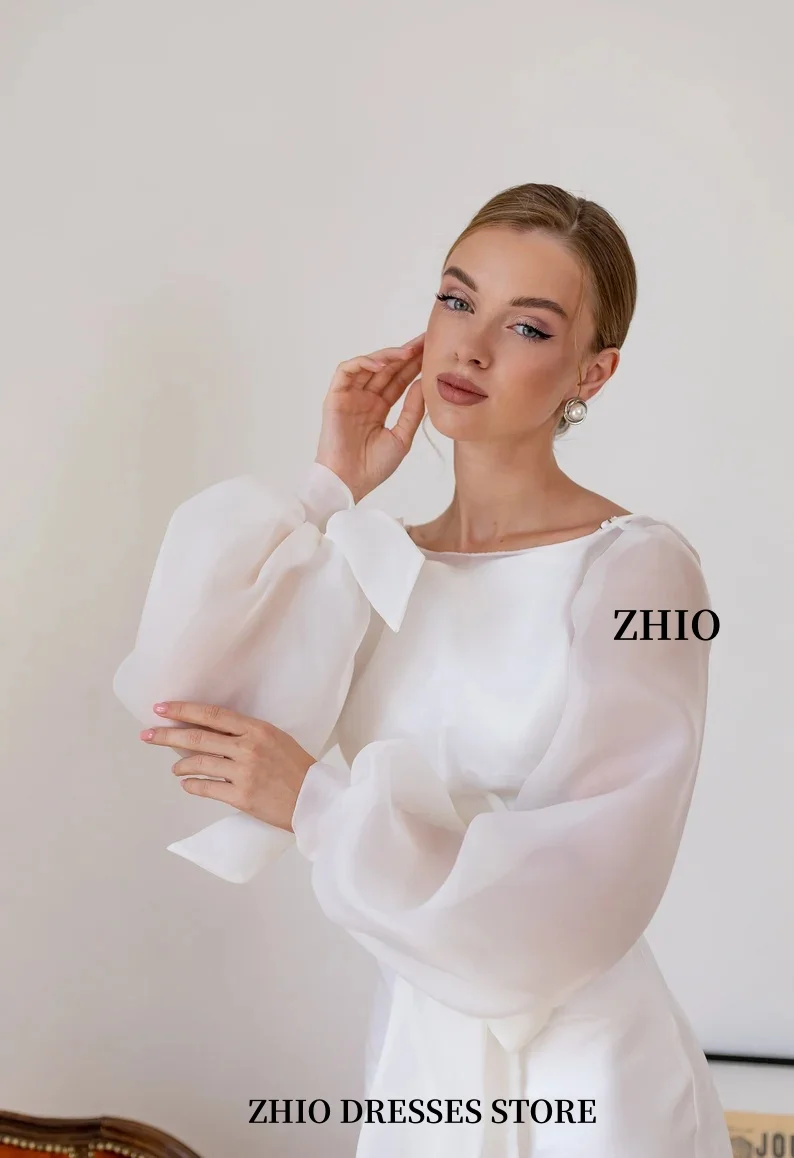 ZHIO Elegante abito da sposa con maniche a sbuffo e maniche lunghe in raso, abito da sposa vintage, lunghezza del pavimento, matrimonio speciale personalizzato