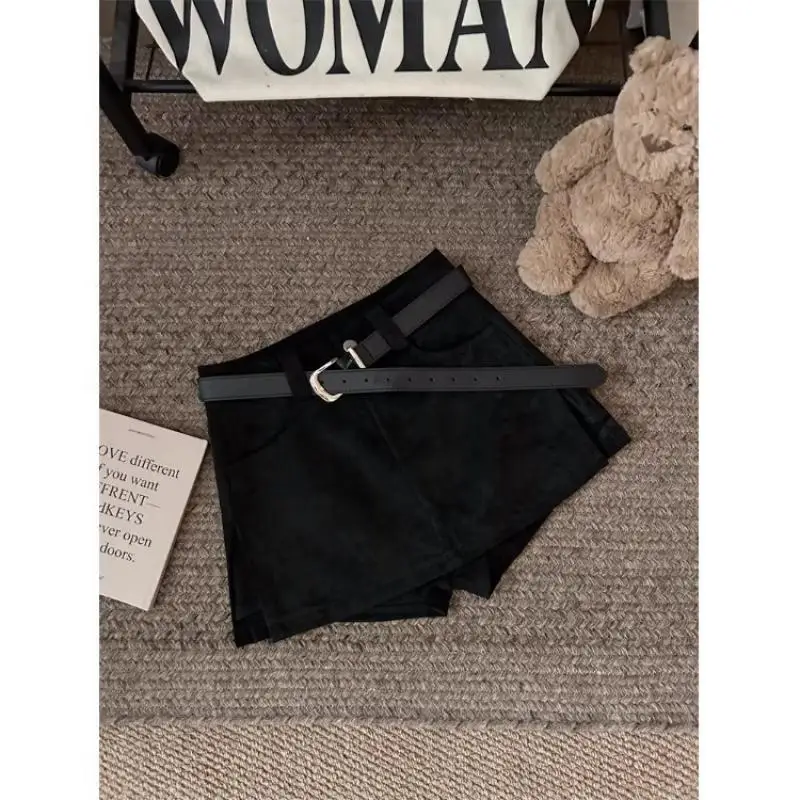 Women's High Waist Suede Mini Skirt A-Line Pleated Short Skirt with Belt Vintage Fall Fashion Bottoms