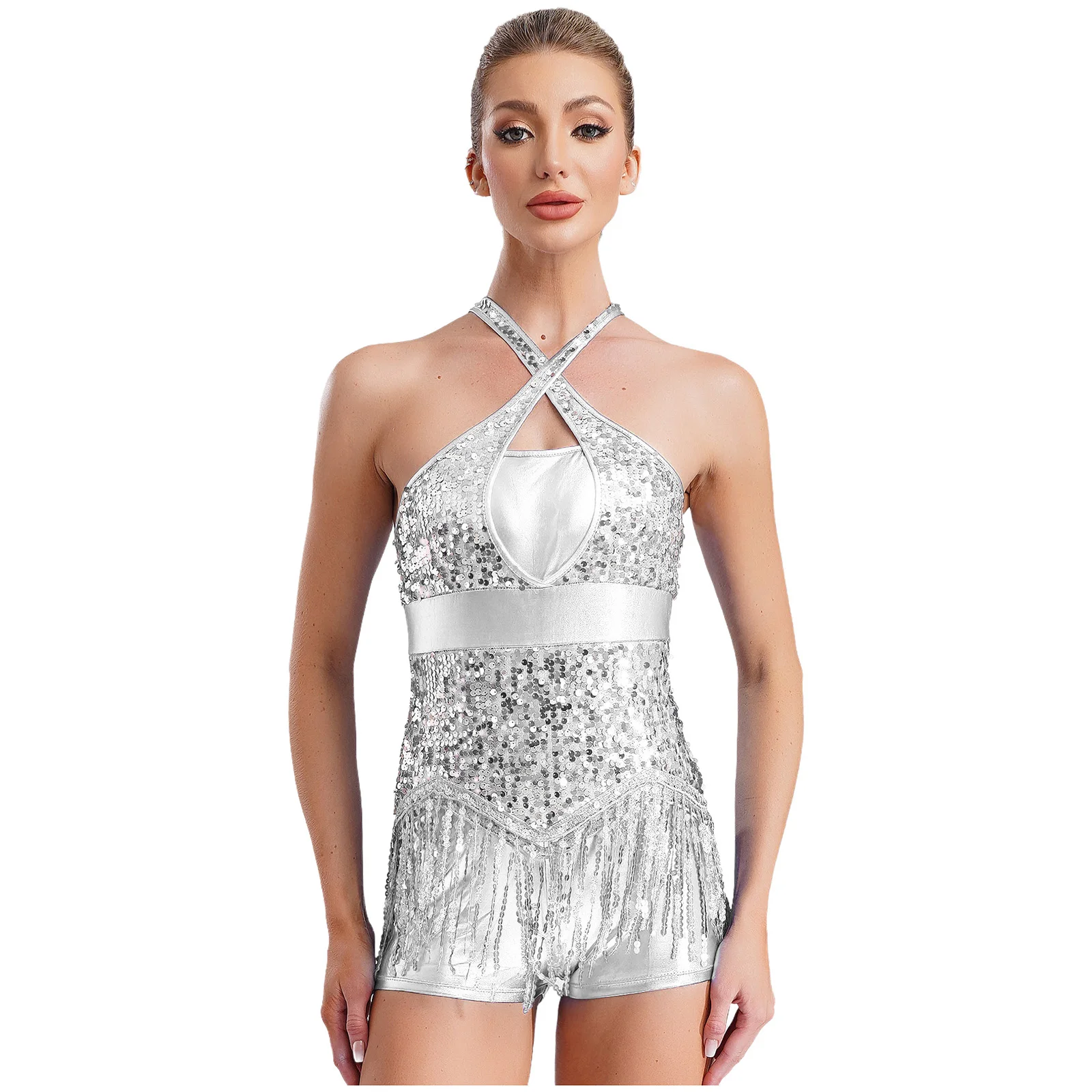 Womens Latin Dance Cha-Cha Costume Sparkly Sequins Tassel Leotard Cross Front Cutout Back Fringed Bodysuit Performance Dancewear