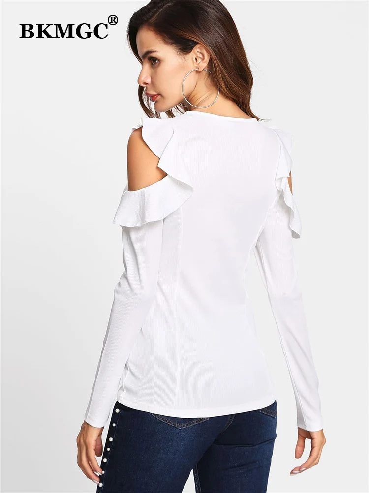 BKMGC Solid White Long Sleeve Round O Neck Slight Stretch Slim Fit Hollow Out Ruffle Shoulder T-shirt T Shirts for Women 2022