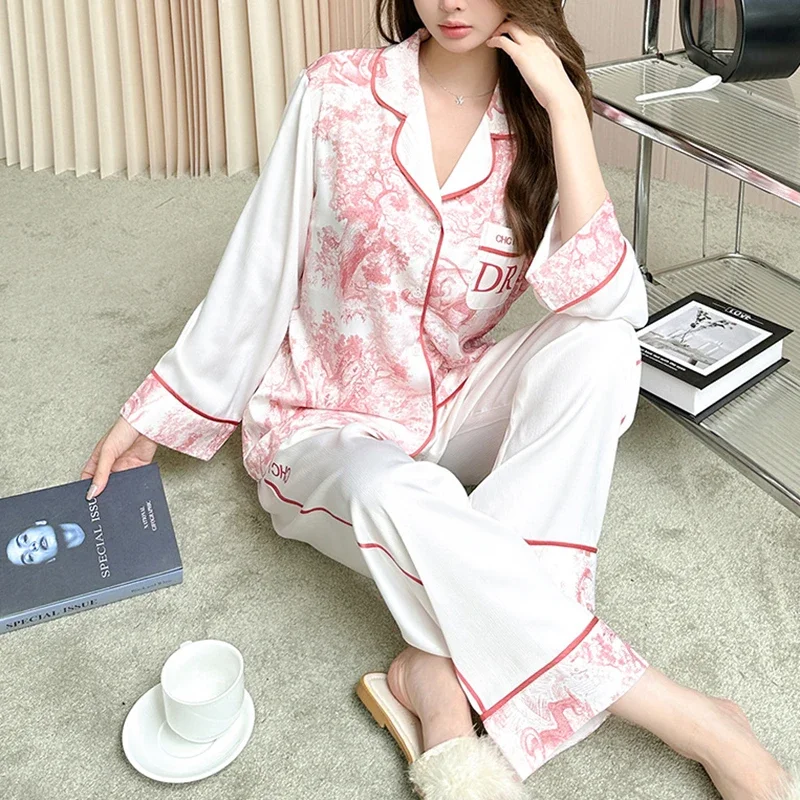 Jxgarb 2024 New Women's Printed Leisure Ice-silk Pajamas Sets Long Sleeve Tops With Trousers Luxury Outfits Sleepwear