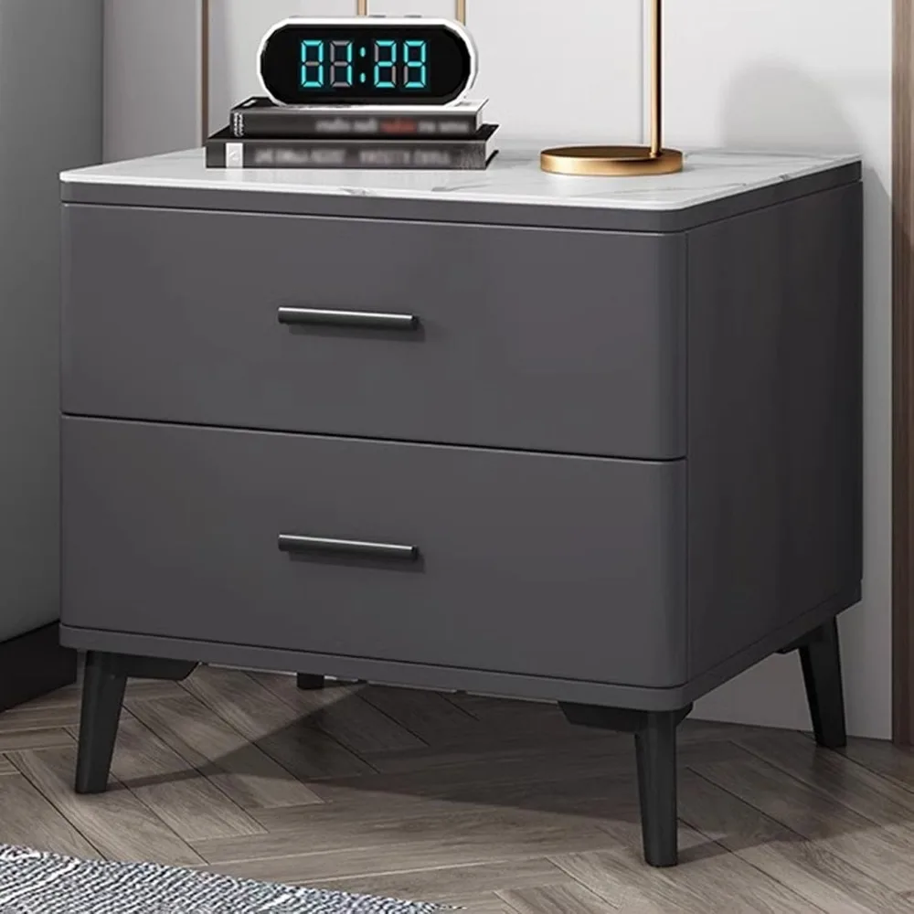 Meja Nakas Penyimpanan Ramping dengan Laci, Permukaan Batu Slate, Finishing Abu-abu Tua, Cocok untuk Kamar Tidur dan Ruang Tamu