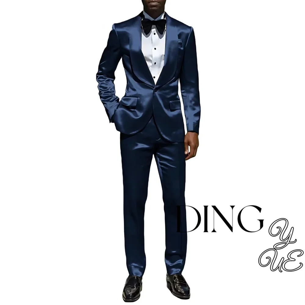 Mens Suit 2 Piece Satin for Men Prom Party Shiny Wedding Tuxedo Suit One Button Dinner Jacket Pants Set traje de hombre elegante