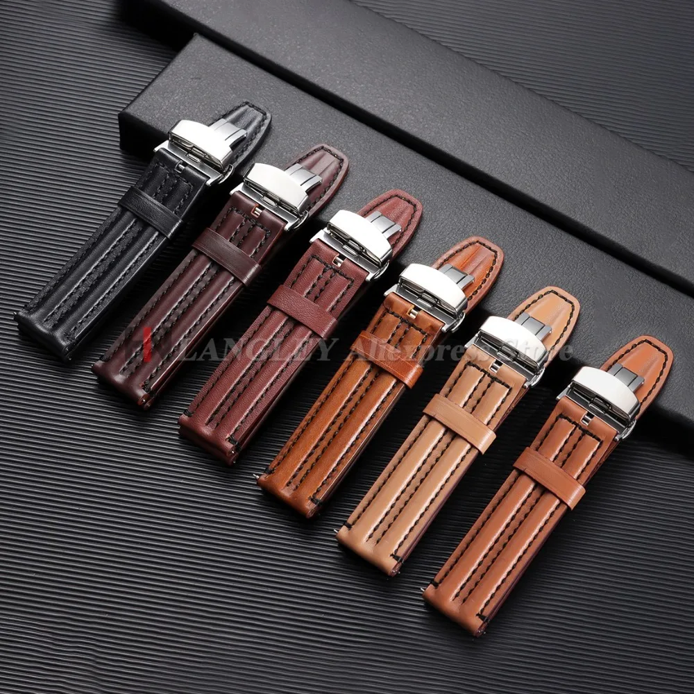 

20mm 22mm Genuine Cowhide Leather Watch Strap for Huawei for Samsung Watch Bracelet Butterfly Buckle Men's Women's Business Belt