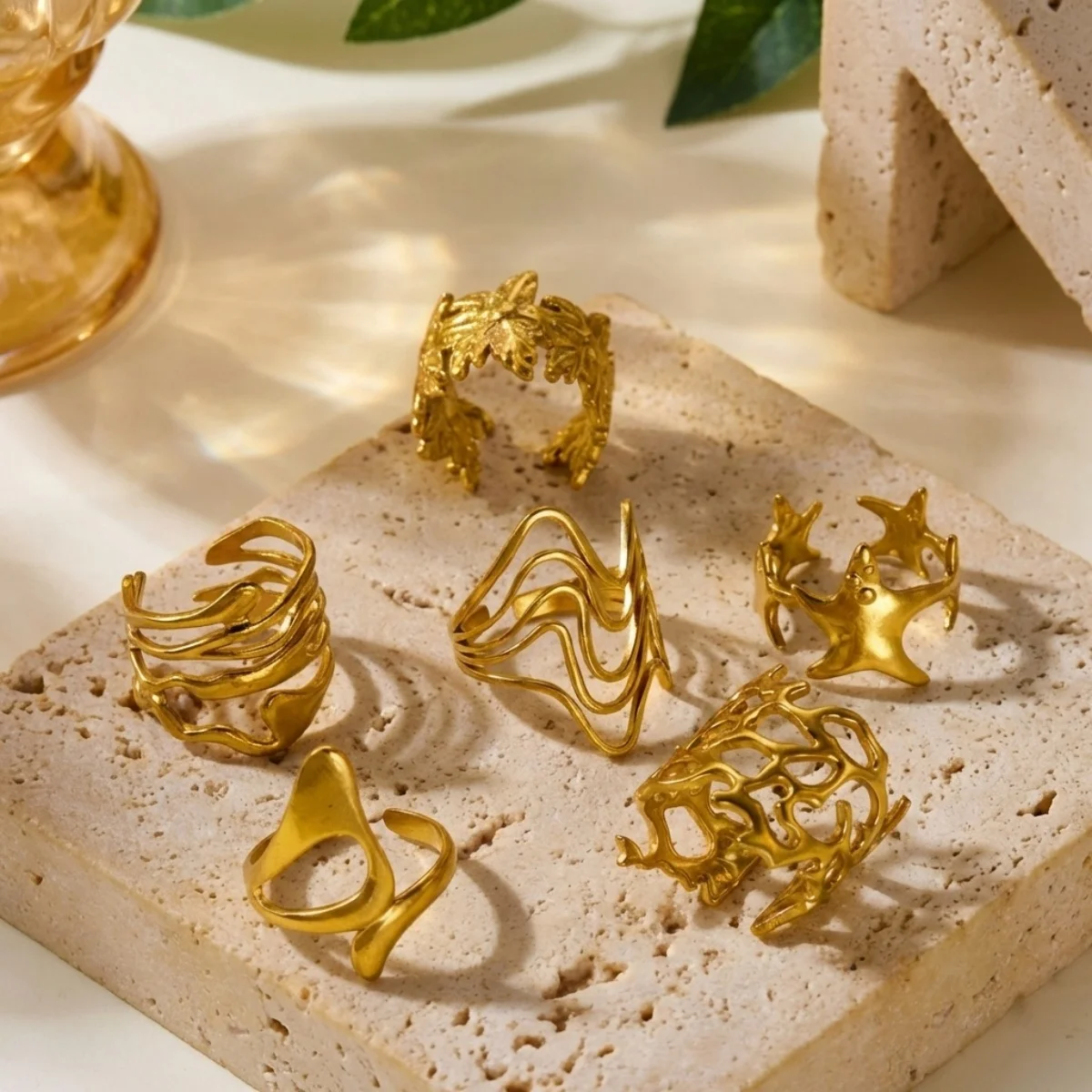 Edelstahlringe mit unregelmäßigen Wellen, Korallen, Seesternen und Blumen für Damen und Herren, Retro-Punk, florale Blätter, geometrische Linien, Boho-Schmuck – Detail 23