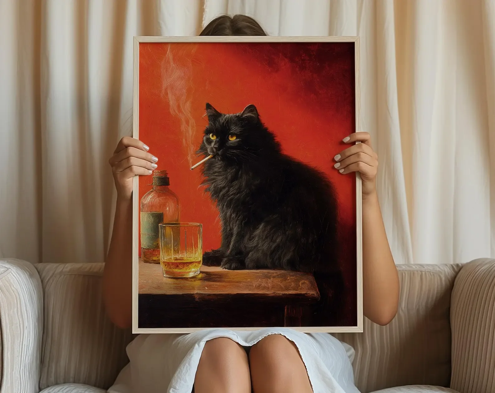 ملصق سيجارة للتدخين على شكل قطة سوداء، طباعة عتيقة، فن جداري غريب الأطوار، فن حيوانات مضحك، ملصق لعربة البار، مطبخ ملتوي