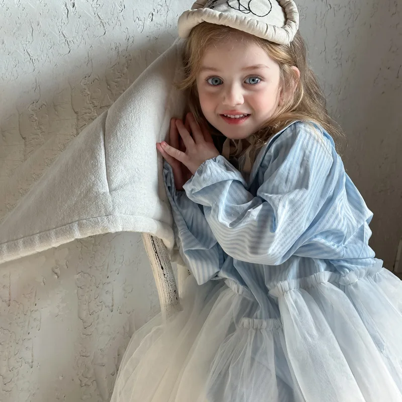 

Girls' Dress2025Spring Stylish New Children's Patchwork Mesh Skirt Baby Elegant Solid Color Shirt Dress