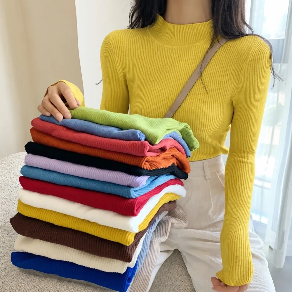 New Long Sleeve Women Knitted Pull Over Sweater Soft Comfortable Turtleneck Sweaters Thicken Blouse Jumper Tops Autumn Winter