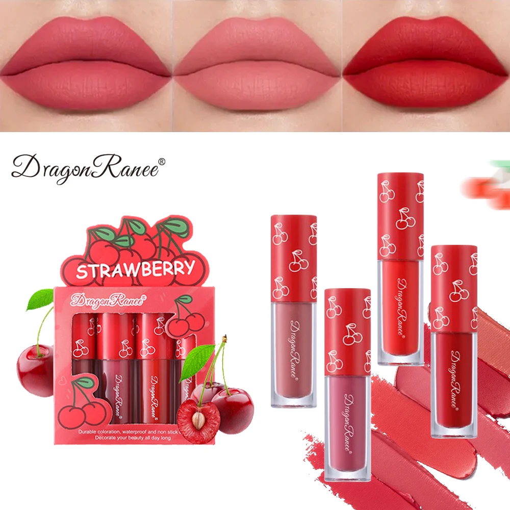 Velvet Matte Lip Glaze Set, Non-Fading, Non-Stick Cup, Fruit Makeup Lip Gloss, Four Mini Set