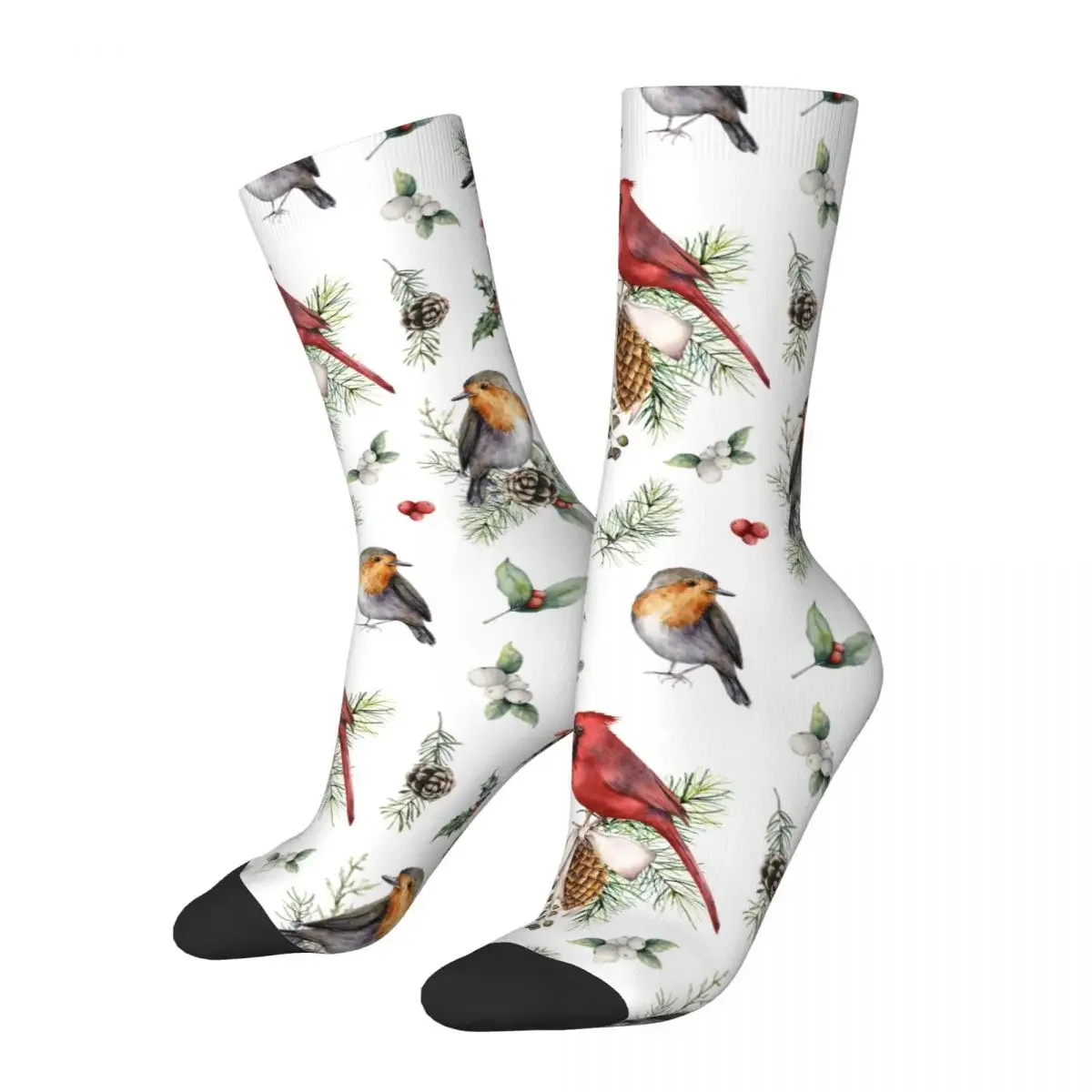 

Winter Warm Fashion Men's Women's Watercolor Christmas Birds And Plants Socks Hand Painted Bullfinch Breathable Basketball Socks