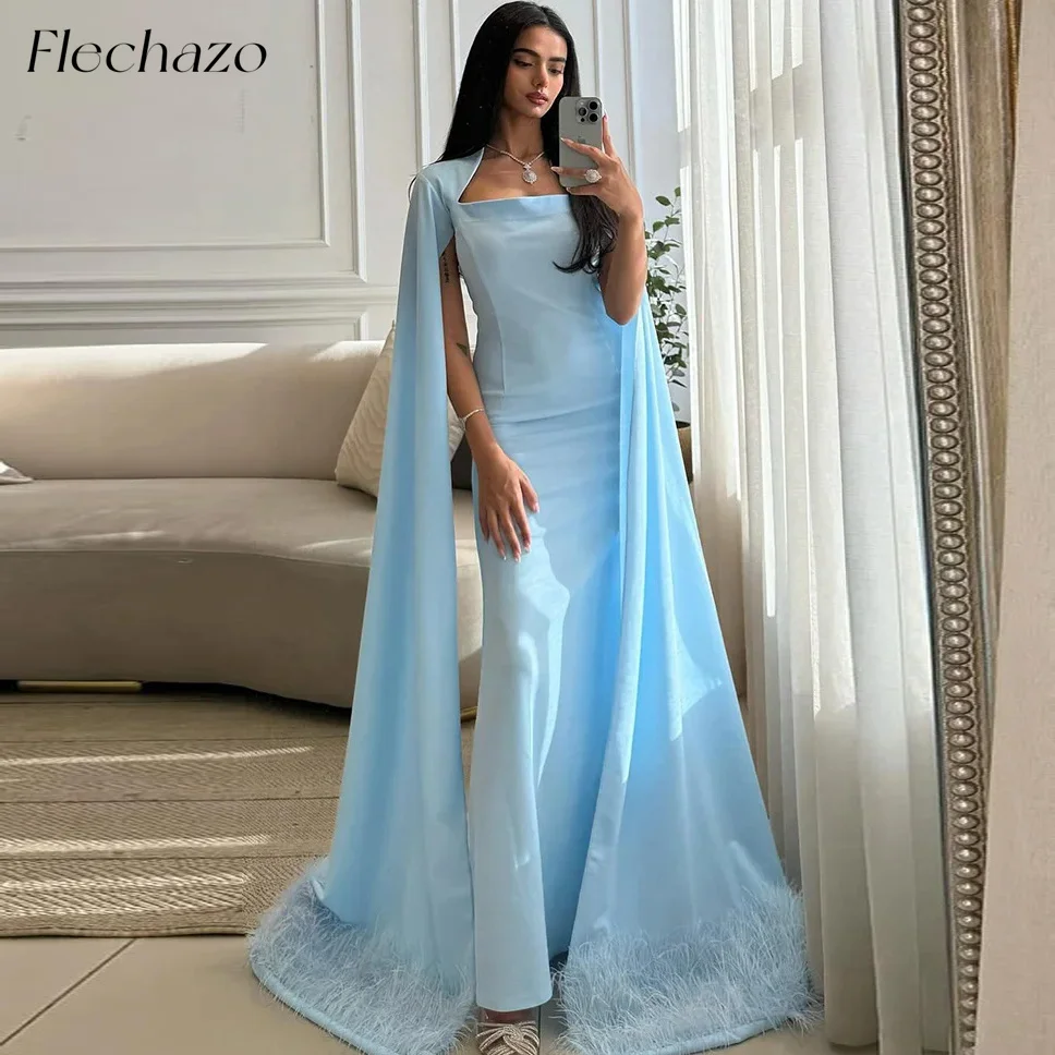 

Flechazo Light Blue Sheath Evening Dresses Square Neck Long Cape Feathers Formal Party Elegant Dress For Women 2024 Saudi Arabia