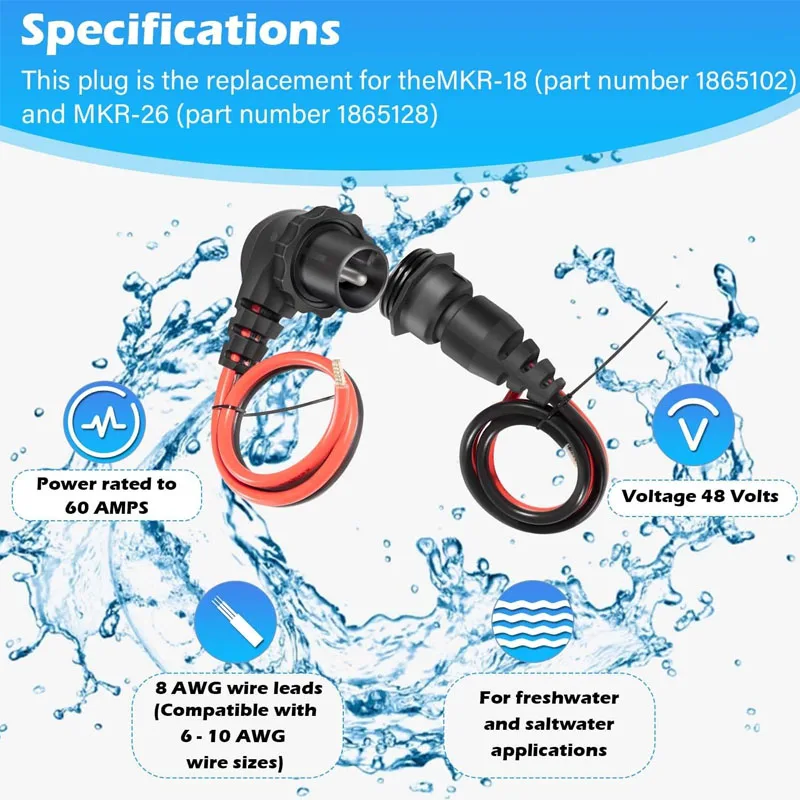 1865128 MKR-26 Trolling Motor Plug and Receptacle Marine Battery Accessory, for Freshwater and Saltwater Applications,48 Volts