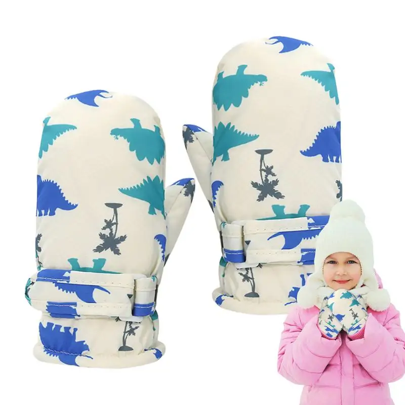 Kids Waterproof Ski Mittens 1 Pair Fleece Cartoon Ski Children Mittens Quick-Drying Warm Mitts Dinosaur Printing For Snowy Days