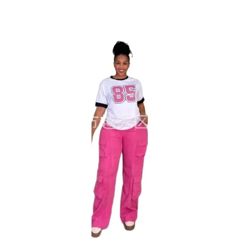 Customized African Fashion New Design Two Piece Set Women Spring Autumn Patchwork Short Sleeve Top And Cargo Pants Set