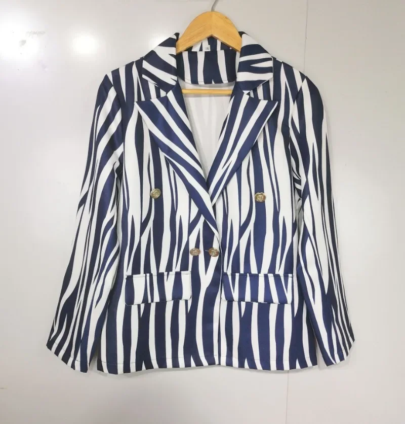 Blazer de rayas Indie Vintage para mujer, traje de manga larga con doble botonadura, chaqueta informal para viaje, abrigo de talla grande, 2023