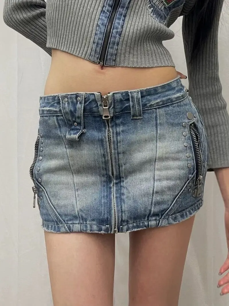 American Retro Riveted Denim Skirt Short Skirt Summer Spice Girl High Waist Slim