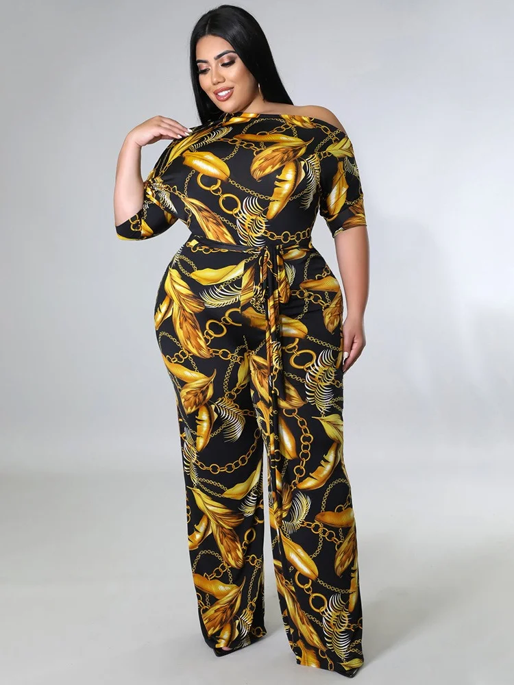 Wmstar Jumpsuit Plus Size Women Clothes Summer Printed Left Off Shoulder with Sashes Offiice Ladies Wholesale Dropshipping 2022