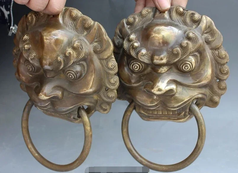 Chinese Brass Dragon Fu Foo Dog Lion Head Mask Door Knocker Pair