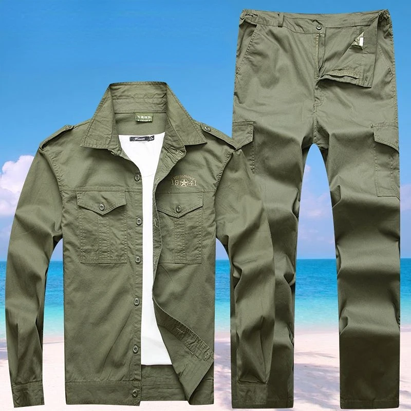 Set of 2 Pieces for Men Spring Autumn 2023 Tactical Military Green Army Jacket Pants Men Training Set Labor Work Clothes Suit