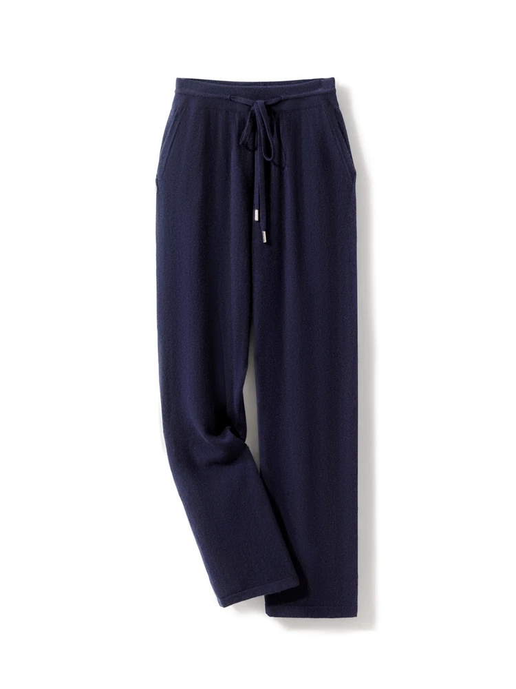 Men's 100%  Cashmere Knitted Wide Leg Pants Outerwears High Waisted Loose Straight Ankle Length Casual Trousers Daily Commuting