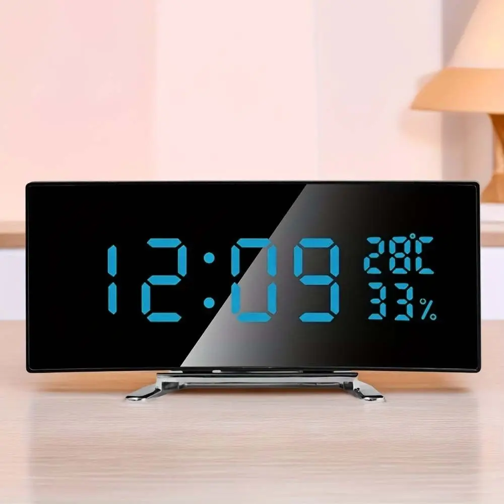 Curved Screen Digital Alarm Clock Large Temperature Humidity Desk Clock adjustable brightness Large Screen Table Clock