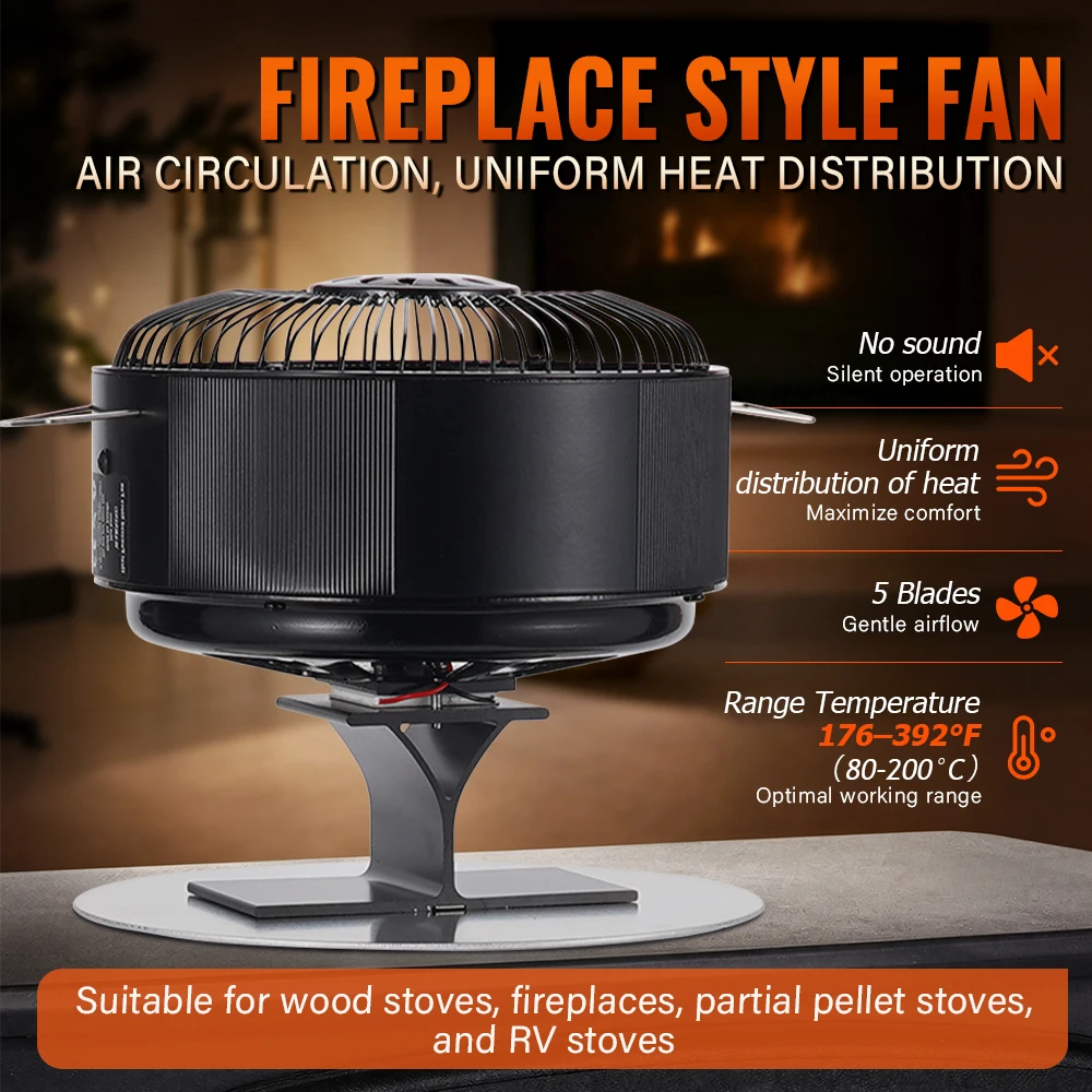 5 Blades Stove Fan Heat Powered Round Log Wood Fireplace Fan Burner Quiet Free-standing Home Warmer Efficient Heat Distribution