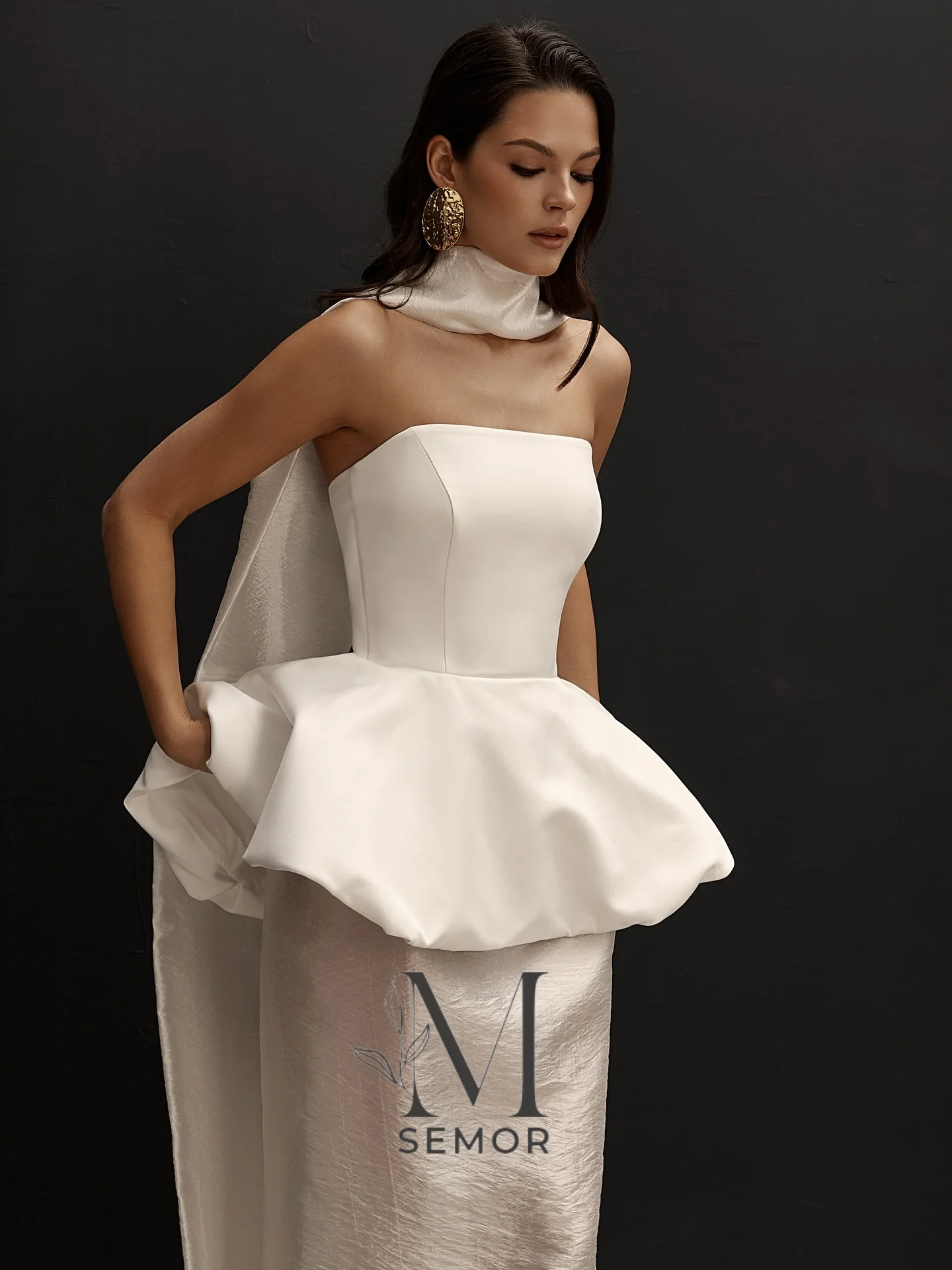 Semor Strapless Sleeveless Wedding Dress With Scarf  Satin 2 Piece Set Shimmer Maxi Skirt White свадебное платье Customized