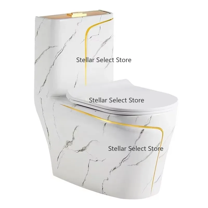 Sanitary Wares Bathroom  Large Caliber Splash Odor Proof Ceramic Marble Patterned Gold Thread Creative Siphon Toilet