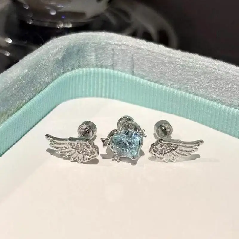 3 Pcs/Set Unique Personality Angel Wings Cross Heart Stud Earrings For Women Exquisite Shiny Zircon Earrings Y2K Jewelry Gifts