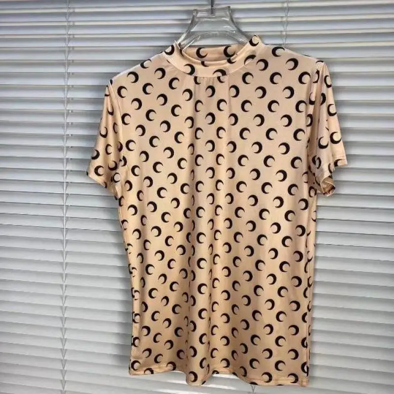 

Stand Up Collar T-Shirt Women Y2K Style Spring New High Street Moon Print Short Sleeved Elastic Versatile Tops