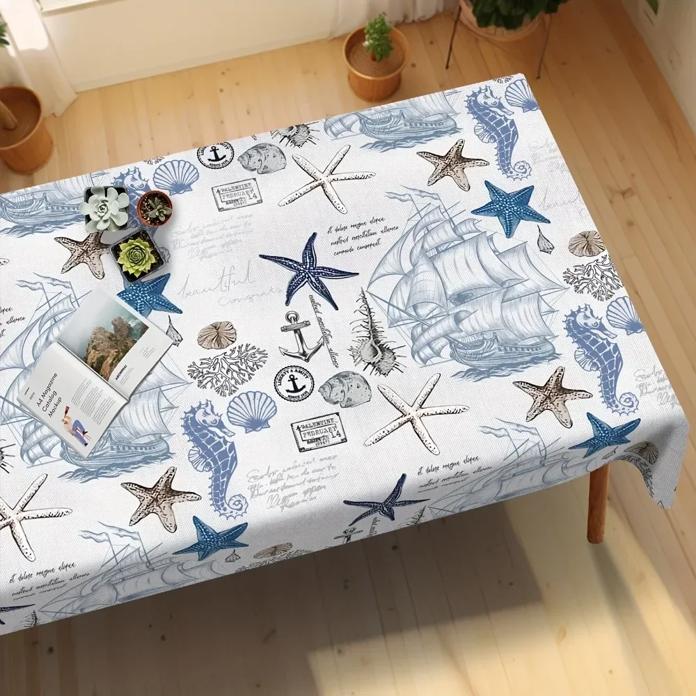 1pc Maritime Theme Watercolor Tablecloth - Rectangular tablecloth, decorated with shells and yzb
