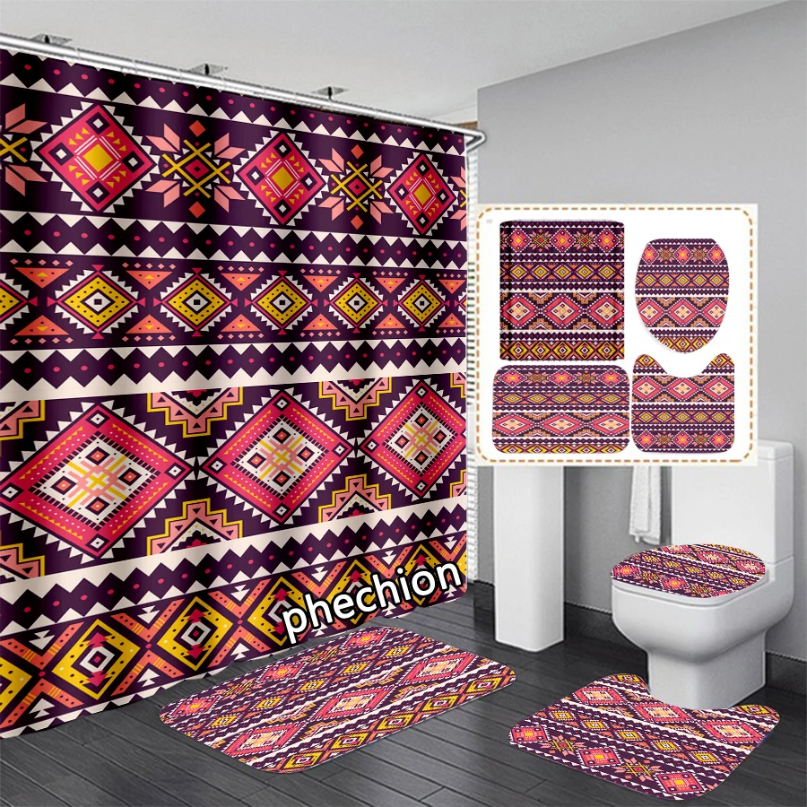 phechion Fashion 3D Print Bandana Pattern Shower Curtain Waterproof Bathroom Curtain Anti-slip Bath Mat Set Toilet Rugs VR300