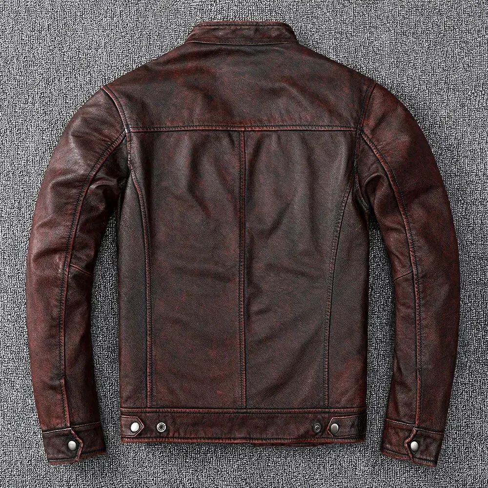 Jaqueta de couro genuíno estilo motociclista masculina, marrom, curta, fina, casual, outono, atacado, asiática Tamanho 6XL