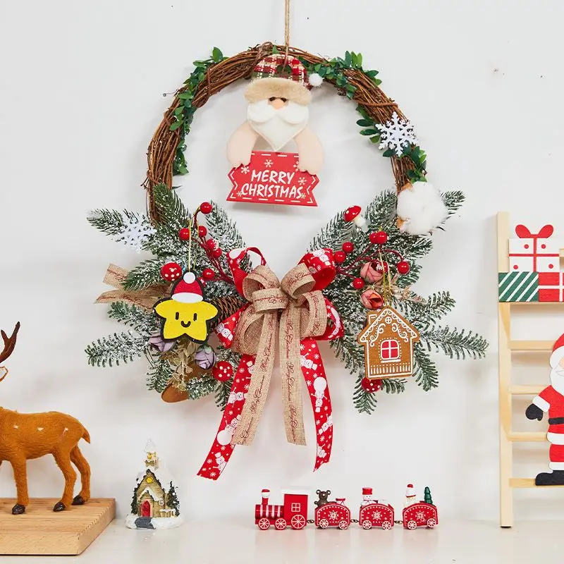 45cm Christmas Rattan Wreath Snowflake Ornament Bow Door Hanging 90cm 3-Tier Wall Hanging Tree Santa Sign Xmas Holiday Decor